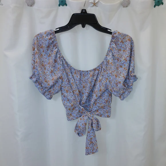 EUC Sz M Floral Tie-Back Puff Sleeve Crop Top Blue On Or Off Shoulder. Boho - Picture 4 of 10